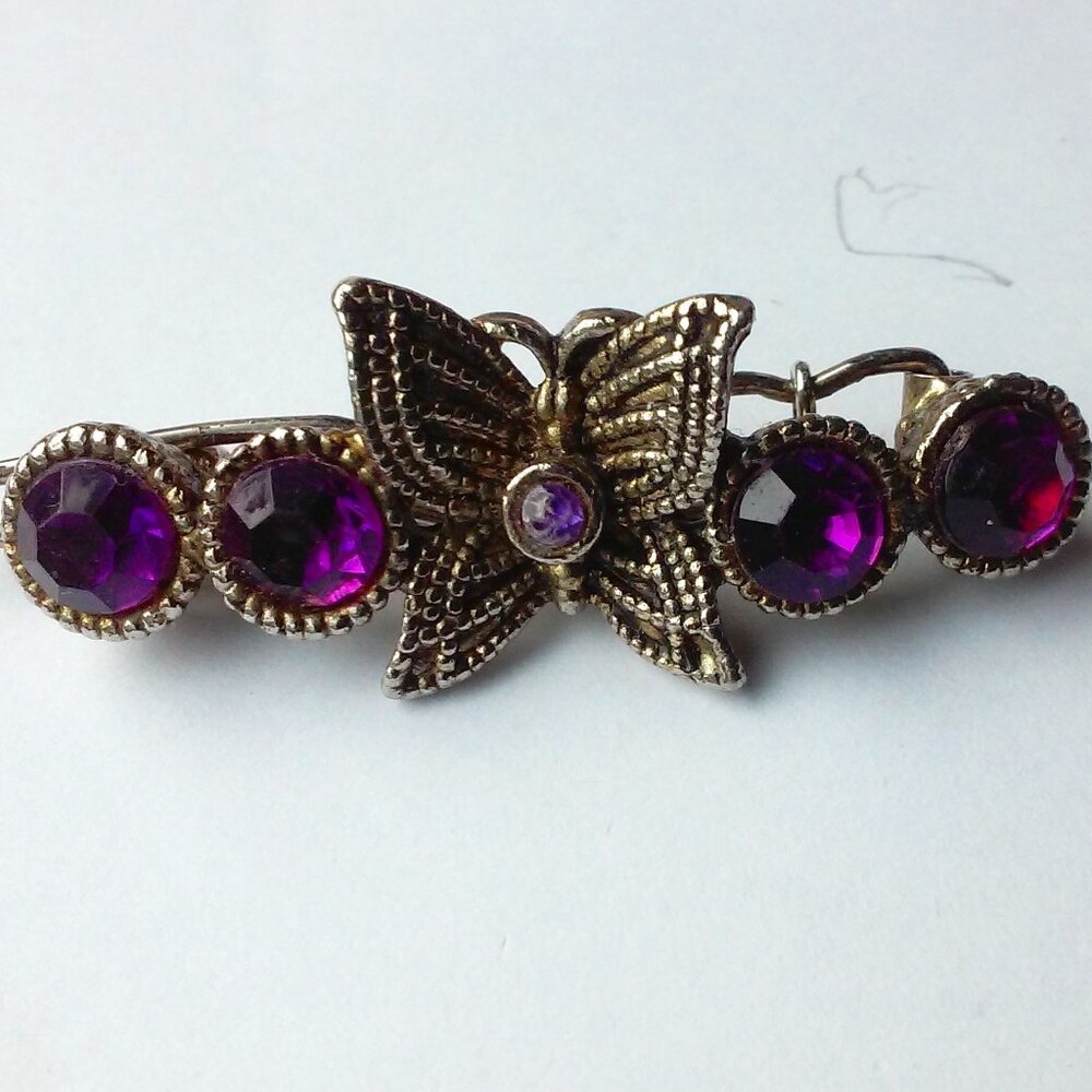 Vintage Silver Hair Clip Heavy For Thick Hair Purple Stones 2"x 3/4"